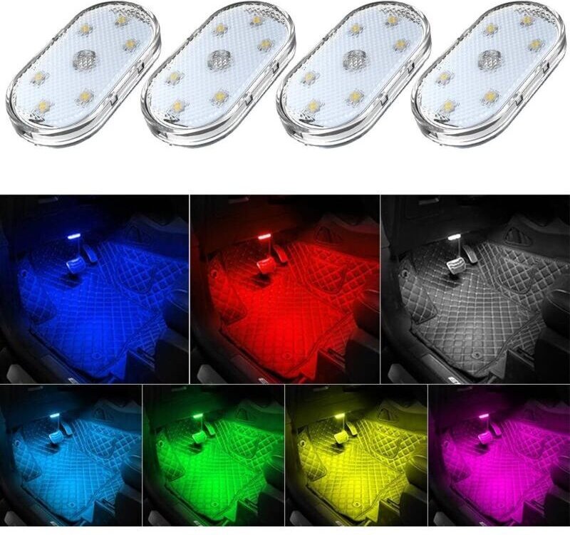 Set mit 4 kabellosen LED-Innenraumleuchten für Autos, 7 Farben, mit 6 hellen LEDs, USB-aufladbar, ideal zur Dekoration I...