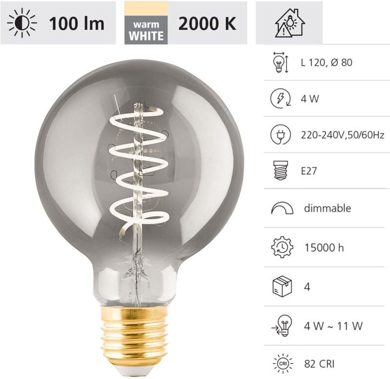 Eglo - led Globe G80 E27 4W rauch Leuchtmittel