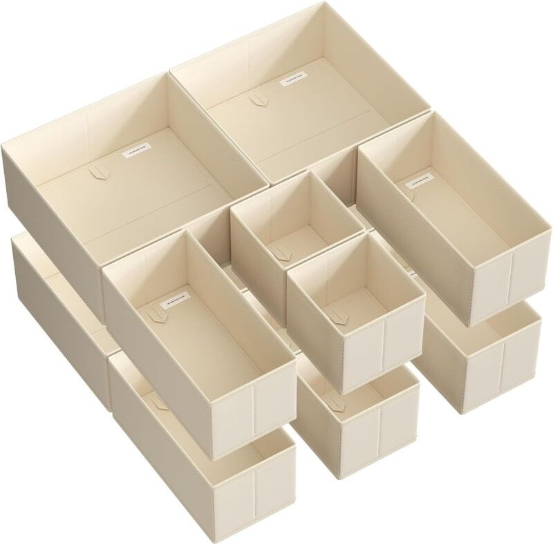 Set mit 12 Schubladen-Organizern – Beige Aufbewahrungsboxen aus Stoff für Unterwäsche, Socken, BHs, Slips, Krawatten, Sc...