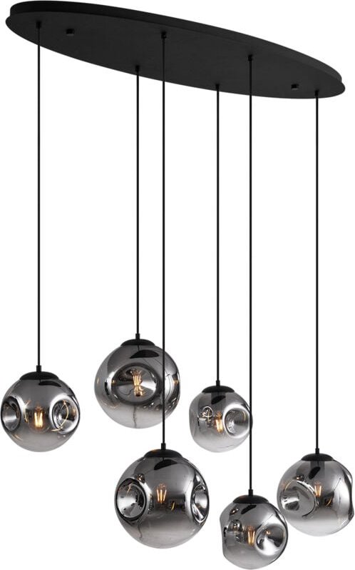 Art-Deco-Hängelampe schwarz mit ovaler Deckenplatte und Rauchglas 6-flammig - Douglass