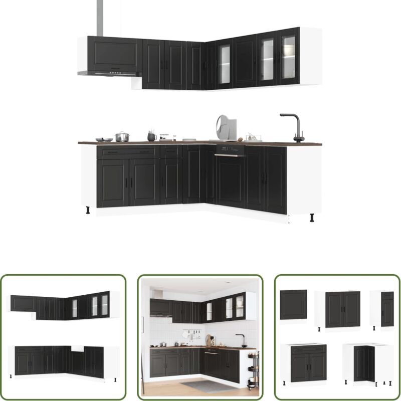 Küchenmöbel - 11-tlg. Küchenschrank-Set Porto Schwarz Holzwerkstoff