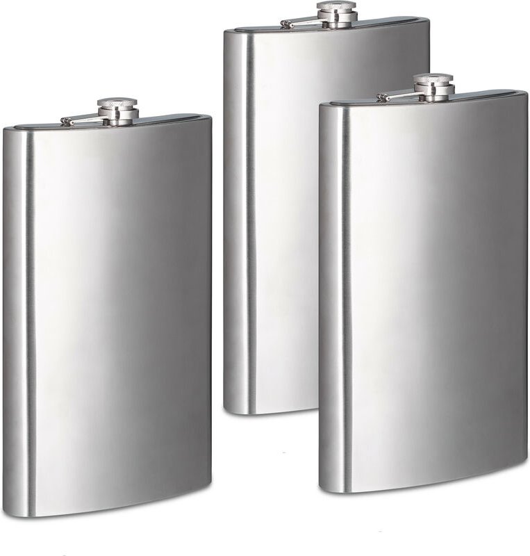 3x Flachmann XXL aus Edelstahl, Riesen Flachmann mit 1800 ml Fassungsvolumen, klassisches Flachmann-Design, silber