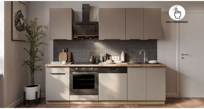 Küche ARIA K-AR Basic 250 cm Anti Fingerprint Küchenzeile Küchenblock Singleküche EinbaukücheSANDGRAU - AFM