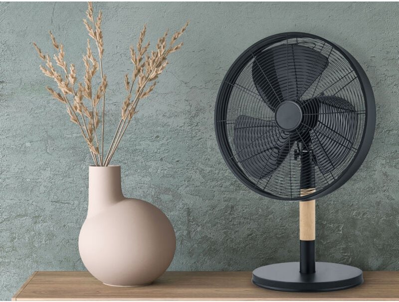 Reality Leuchten - Tischventilator Schwarz/Holz Oszillierend, Ø35cm Höhe 57cm