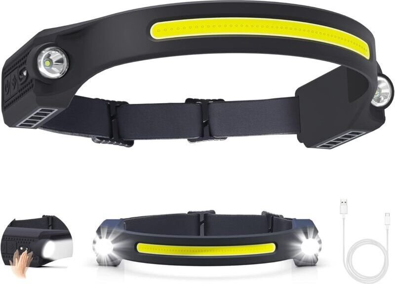 Torcia frontale a LED ricaricabile con 6 modalità, sensore di movimento a 260 gradi, impermeabile IPX4, USB-C per pesca,...