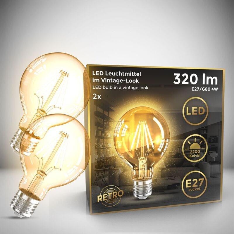 Led Glühbirne E27 2er Set - 4W, 360lm, G80, Edison, 2200K, bernstein