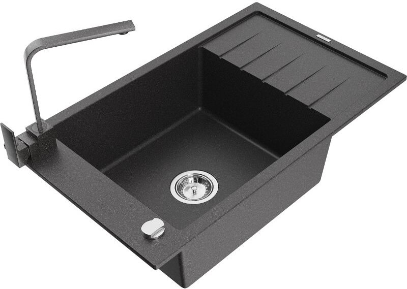Mexen Elias 1 Becken-Granitspüle mit Abtropffläche und Mischbatterie Rita, Schwarz gesprenkelt - 6511-76-670300-76