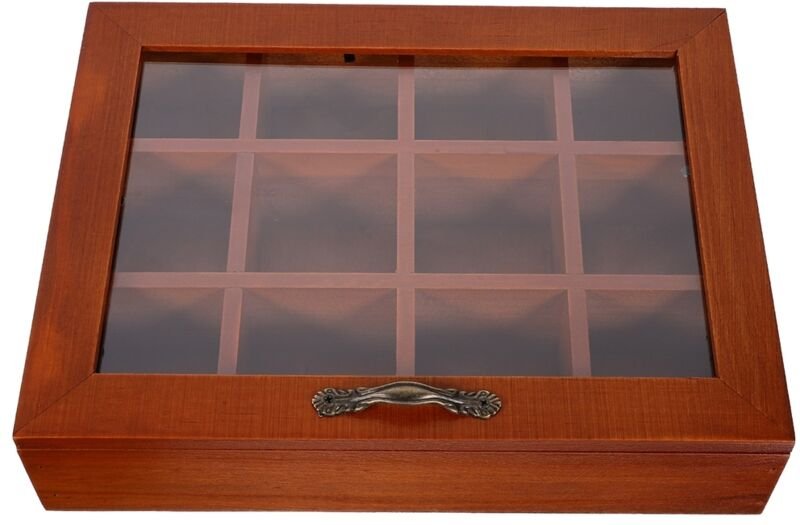 Tlily - für Teebeutel aus Holz mit 12 Fächern, Instant-Kaffeebeutelboxen mit transparentem Deckel