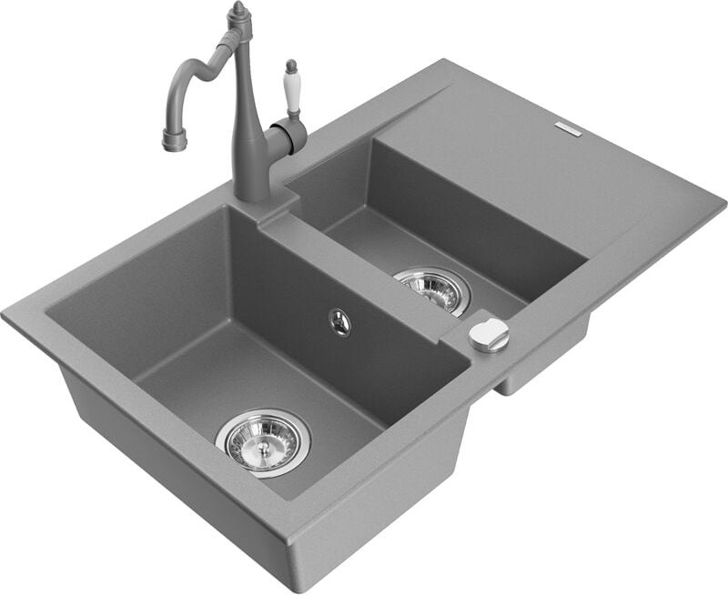Mexen Gaspar 1,5-Becken-Granitspüle mit Abtropffläche und Mischbatterie Carla, Grau - 6507-71-670700