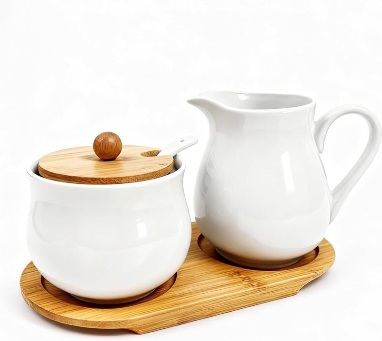 Set aus Milch- und Zuckerkännchen mit Deckel und Löffeln aus weißer Keramik sowie einer Zuckerdose mit Holztablett, für ...