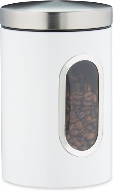 6 x Vorratsdose, 1,4 l, mit Deckel und Sichtfenster, für Kaffee, Mehl, Pasta, Aufbewahrungsdose Küche, Metall, weiß