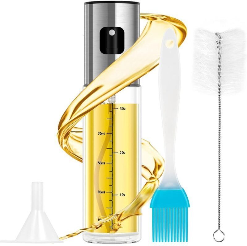Öl- und Essigsprüher, Edelstahl, 100 ml, mit Skala, Bürste, Trichter, auslaufsicherem Spender, Sprühflasche zum Grillen,...