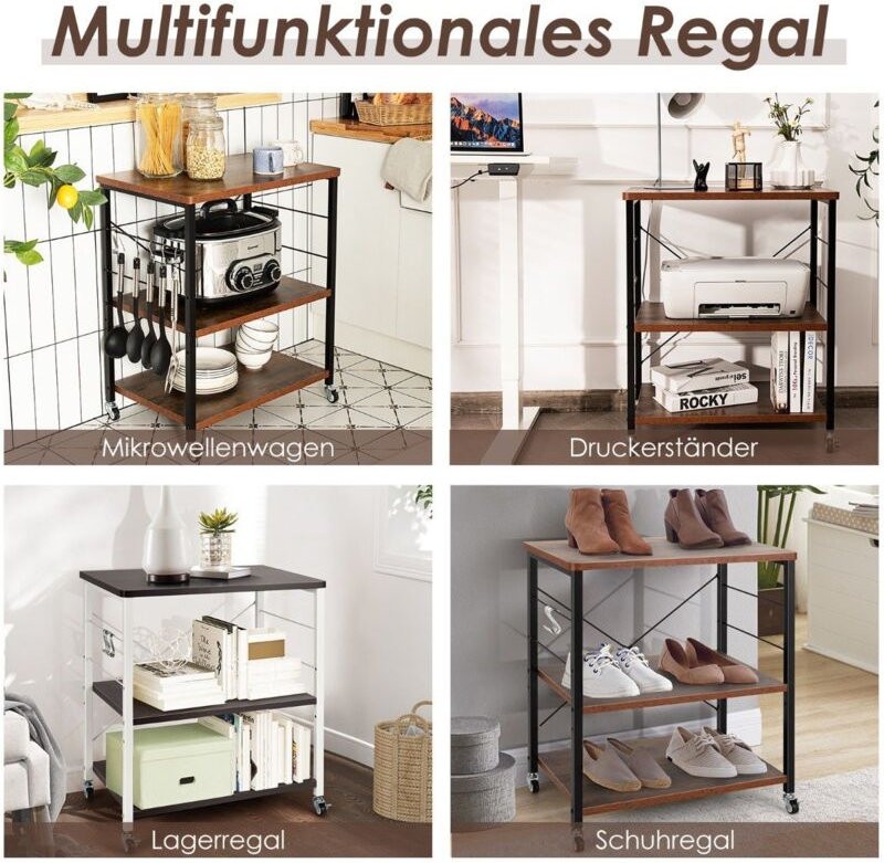 3 stockiger rollwagen mit verstellbarem regal und 10 haken