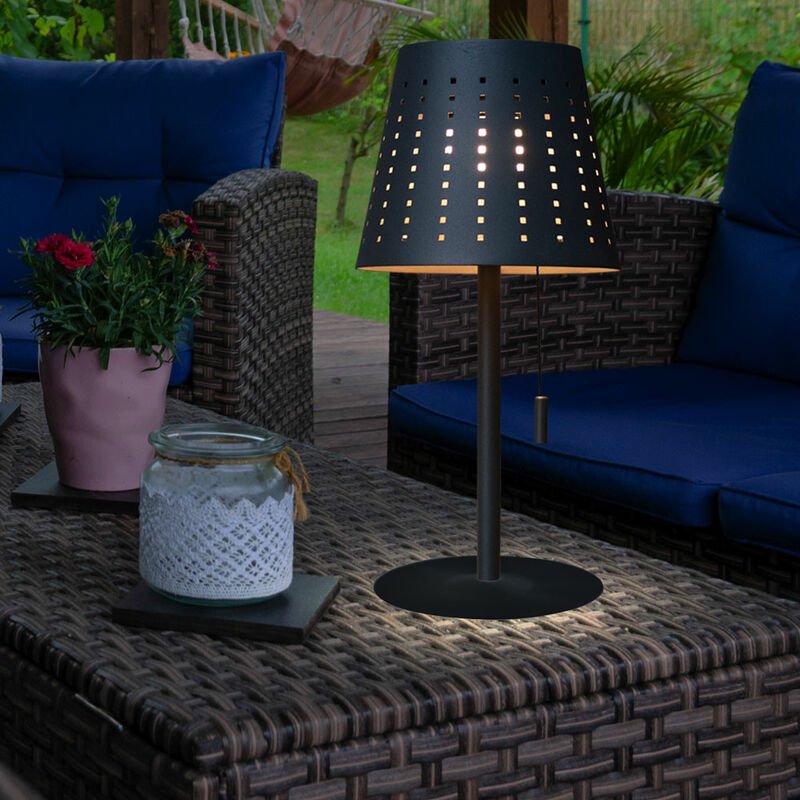 Tischlampe Solarlampe Außenleuchte Terrassenlampe, Timer USB Kabel Akku dimmbar Zugschalter IP44, anthrazit, 1x LED 2W 1...