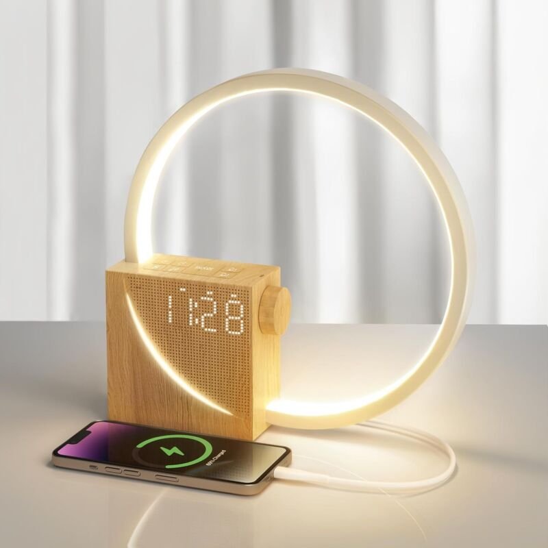 Wecker-Nachttischlampe, Touch-Steuerung, 10-W-USB-Ladefunktion, 3 Helligkeitsstufen, Einschlafhilfe für Babys und Erwach...