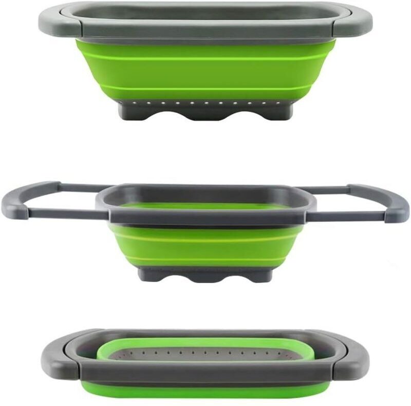 Zusammenklappbares Sieb, faltbares Sieb über der Spüle für Obst und Gemüse, Sieb mit ausziehbaren Griffen – (Grün und Ro...