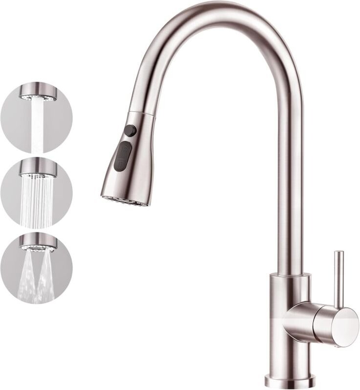 Küchenarmatur mit 3 Modi (Handbetrieb), 360° drehbare Küchenmischbatterie, gebürsteter Edelstahl