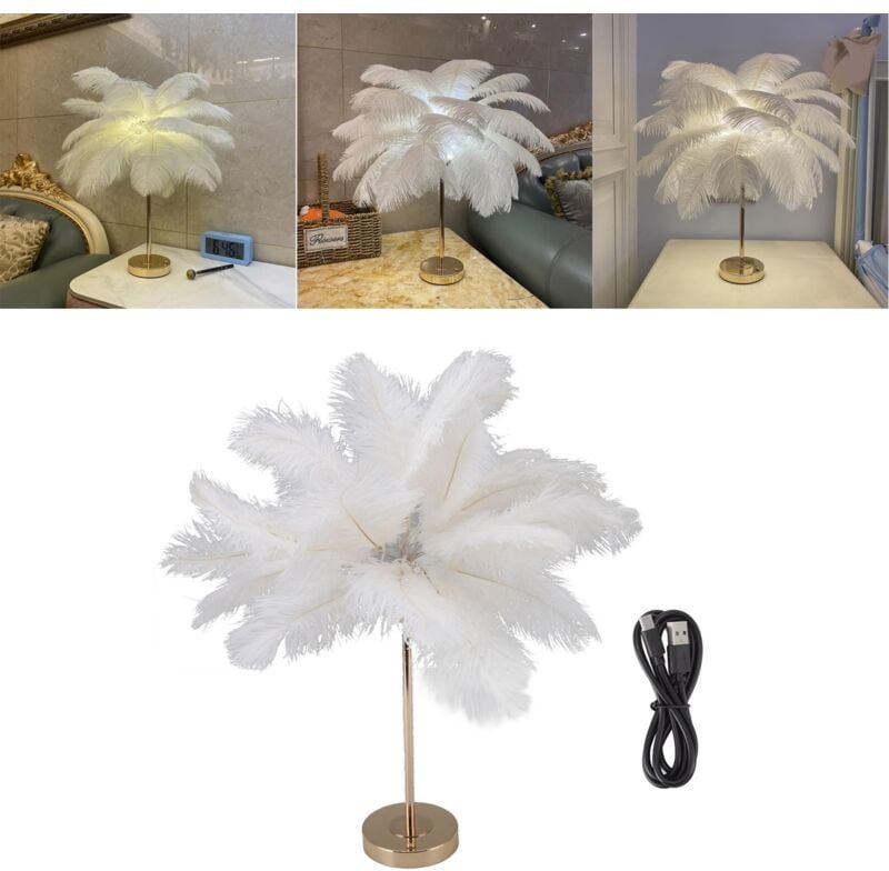 Ej.life - Straußenfeder-Lampe, Touch-Schalter, USB-Feder-Tischlampe, Prinzessinnen-Lampe, ästhetische Nachttisch-Gold-Sc...