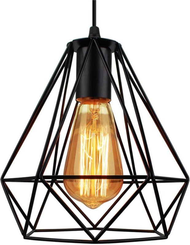 Pendelleuchte Vintage, Metall Kronleuchter im Retro Look, Diamant Hängelampe mit Ø20cm Käfig E27 Fassung Schwarz 1PCS