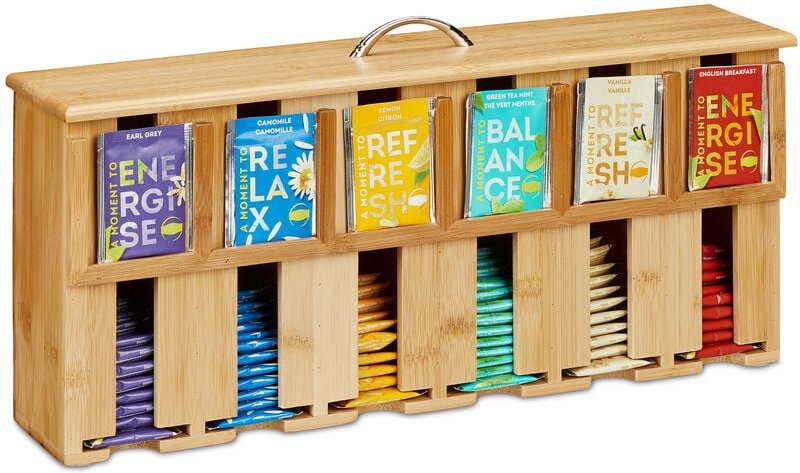 Relaxdays Teebeutelspender, 6 Fächer, Teebeutel Aufbewahrung, Bambus, Teebox, HxBxT: 22 x 46,5 x 10,5 cm, natur/silber