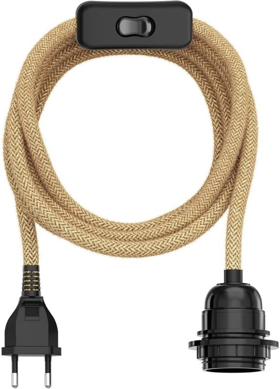 Hanf-/Textilkabel, Stecker, Schalter, beige, 3 m, Lampenfassung, 1x E27 max. 60 W