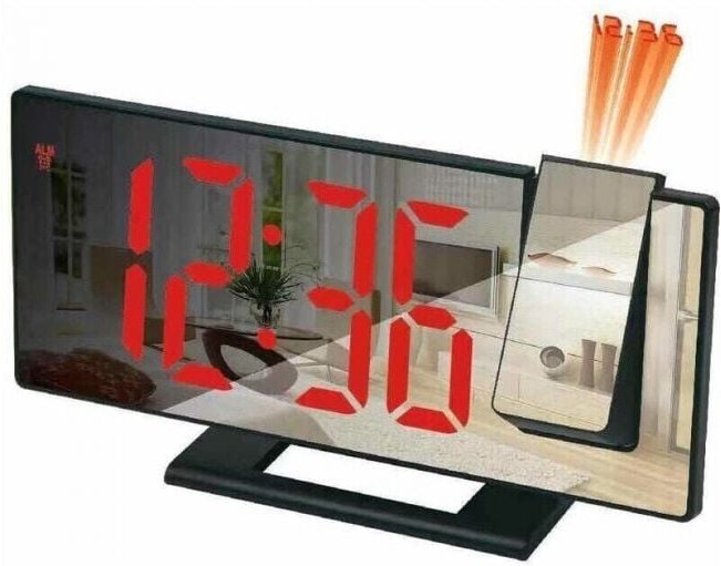 (schwarzes Gehäuse mit rotem Text) Projektorwecker, 180°-Projektionswecker, Digitaluhr mit LED-Spiegelanzeige, USB-Ansch...