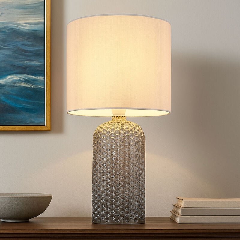 Nachttischlampe grau Glas Tischleuchte Wohnzimmerlampe Textil Tischlampe Leseleuchte, 1x E27, DxH 26,5 x 50 cm
