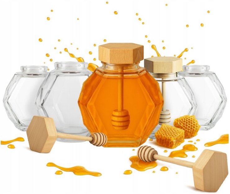 20x MAJA Glasgefäß 380 ml für Honig mit Holzdeckel und sechseckigem Löffel