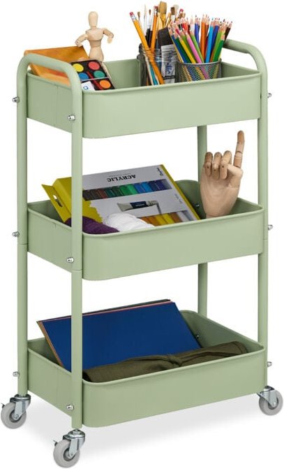 Rollwagen, 3 Etagen, Servierwagen, Küchenwagen Bad & Büro, Rollregal, 71,5x43,5x29,5 cm, Bastelwagen, grün - Relaxdays