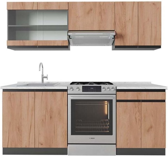 Vicco - Küchenzeile R-Line, Goldkraft Eiche/Anthrazit, 200 cm , ap Marmor