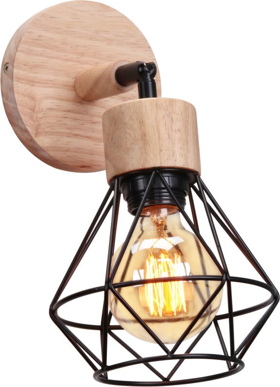 Wandlampe Holz Retro Wandleuchte Diamant Käfig E27 180° Drehbare für Flur Wohnzimmer Schlafzimmer Küche Cafét (Schwarz)