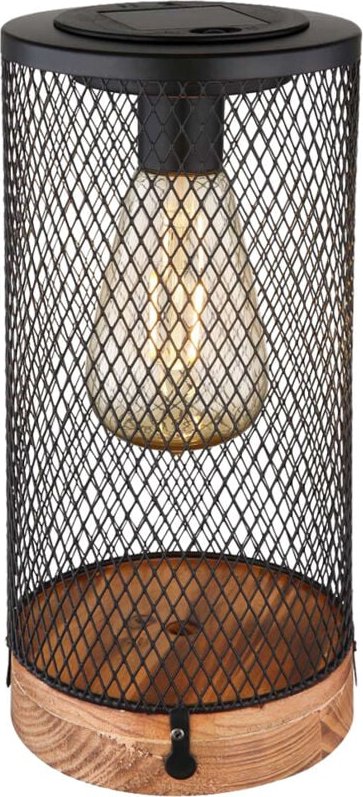 Solar Tischleuchte aus Drahtgeflecht schwarz mit Holzsockel, Höhe 25,5cm
