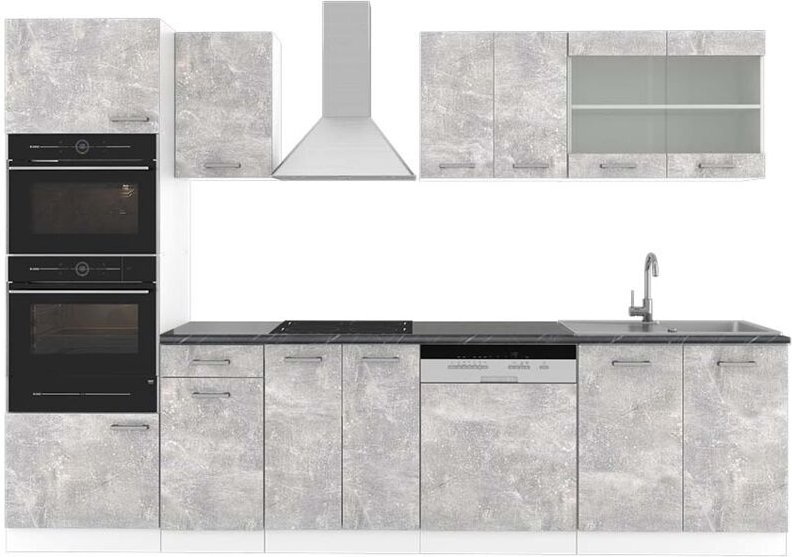 Vicco - Küchenzeile R-Line, Beton/Weiß, 300 cm mit Hochschrank, ap Anthrazit