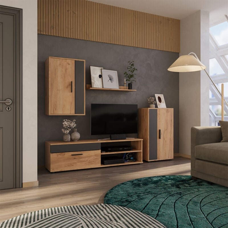 Thumbnail - Wohnwand Berno, Goldkraft Eiche, 4er Set Vicco