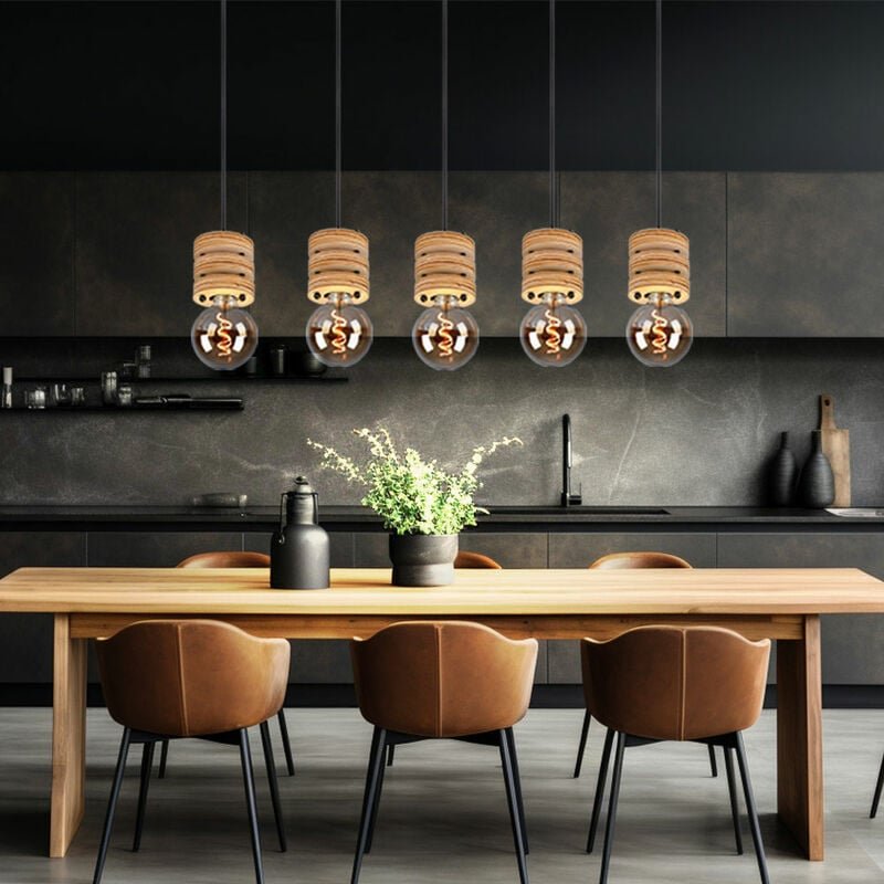Thumbnail - Esstischlampe hängend Holz Pendelleuchte Esstisch Holz Holzlampen Decke hängend, Metall mdf schwarz, 5x E27 Fassung, LxB...