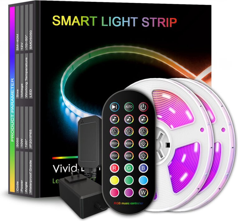 20 m LED-Streifen, 5050 RGB-LED-Streifen, mehrfarbiger, flexibler LED-Lichtstreifen mit 24-Tasten-Fernbedienung, geeigne...