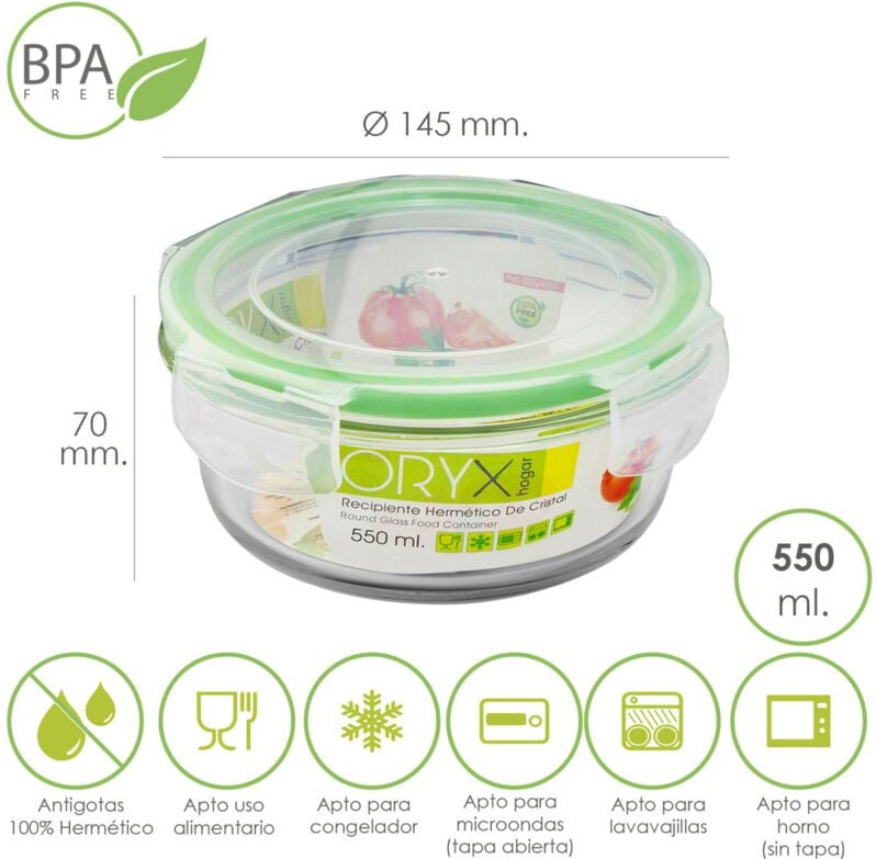 Recipiente Hermetico Cristal Redondo 550 ml. ø 145 x 7 (alt) cm.
