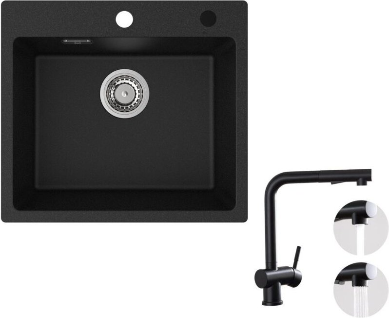Cecipa Max - Spülbecken mit 1 Becken 50×45CM Granitspüle Anthrazitschwarz + Küchenarmatur mit 2 Strahlarten Schwarz ausz...