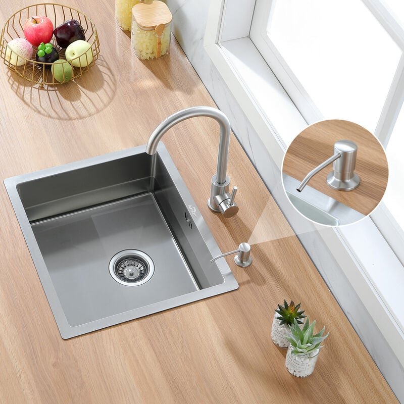 Thumbnail - Küchenspüle Edelstahl 50 x 43 cm Waschbecken mit 300ml Seifenspender, Einbauspüle Einzelbecken Spüle 2 Montagelöcher mit...