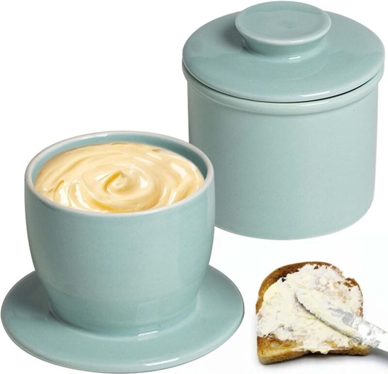 Französische Butterdose aus Keramik mit rundem Deckel, wassergekühlt mit Wasserlinie, Butterdom, hellblauer Butterdom au...