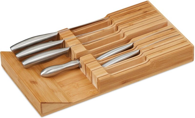 Messerhalter Schublade, für 12 Messer & Wetzstahl, Bambus Messerblock liegend, HxBxT: 5 x 43 x 23 cm, natur - Relaxdays