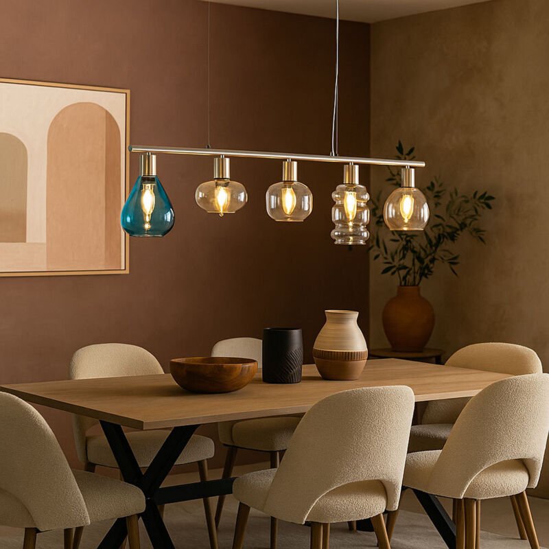 Nino - Pendelleuchte 5 flammig Esstischlampe Vintage Hängelampe Glas mehrfarbig, 5x E14, LxH 80 x 150 cm