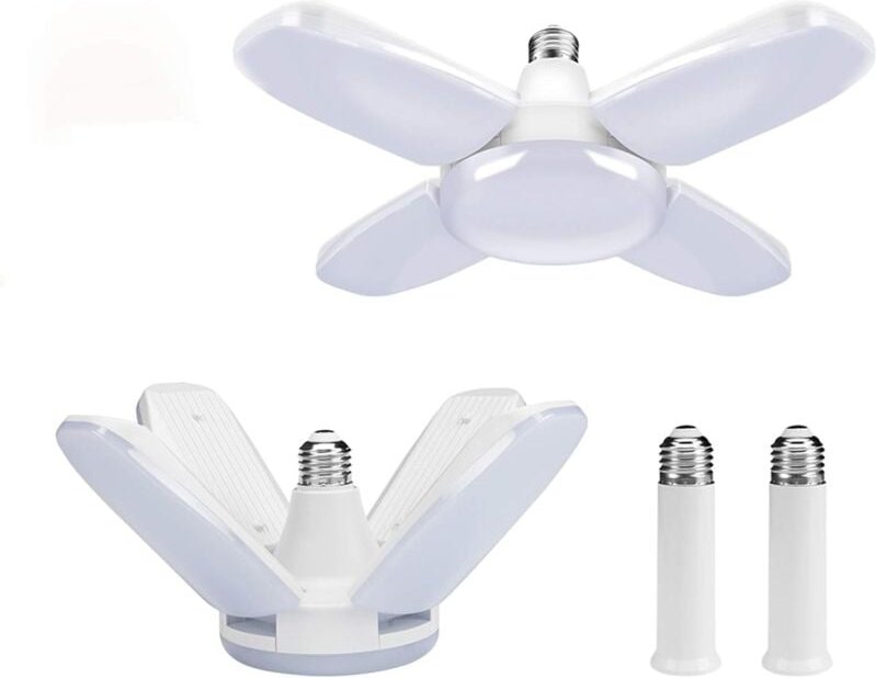 Ersandy - 2er-Pack LED-Garagenleuchte, 60 w, E27, 6000 k, verformbare Werkstattlampe mit 4 verstellbaren Paneelen, LED-D...