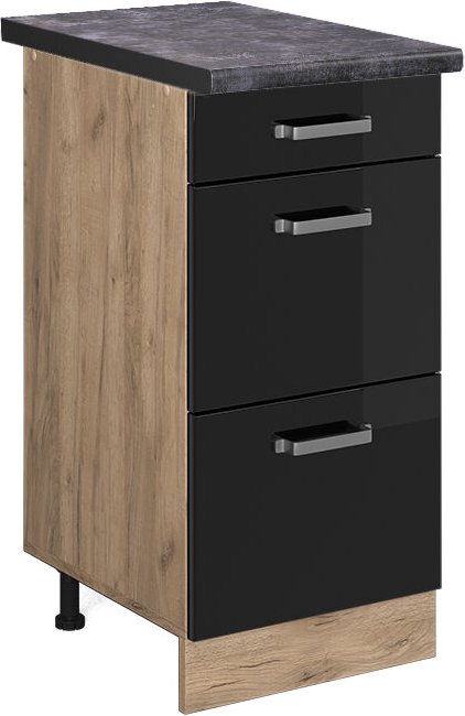 Küchenunterschrank R-Line, Schwarz Hochglanz, 40 cm mit Schubladen, AP Anthrazit, Vicco