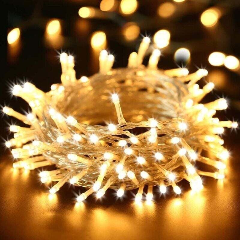 10 m lange Lichterkette mit 100 LEDs, für drinnen und draußen, 8 Modi, wasserdicht, transparentes Kabel, warmweiß, ideal...