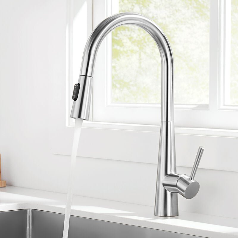 Thumbnail - CECIPA Wasserhahn Küche Edelstahl Gebürstet, Küchenarmatur mit Brause Ausziehbar, Mischbatterie Küche mit 3 Strahlarten,...
