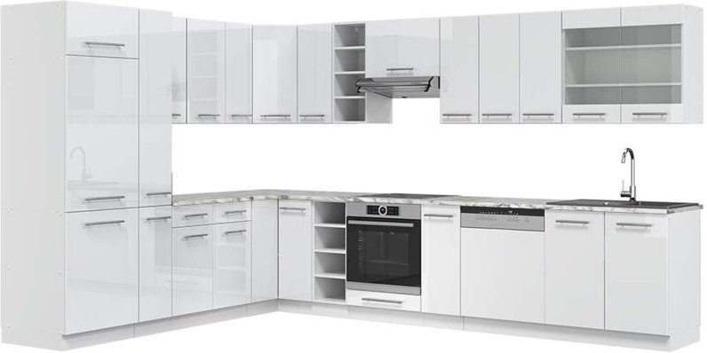 Vicco - Eckküche Fame-Line, Weiß Hochglanz/Weiß, 347 x 257 cm , ap Marmor