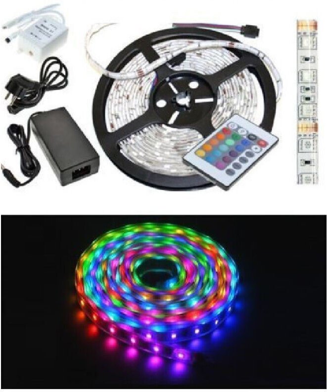 SMD 5050 RGB LED-Streifen IP65, 5 Meter tatsächliche Länge, inklusive Netzteil und Fernbedienung