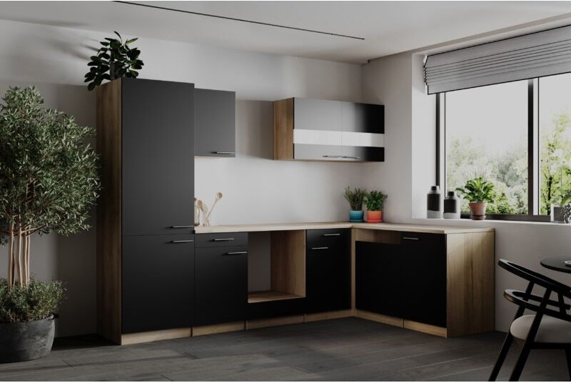 L Küche Einbau Winkelküche Leerblock Eiche Sägerau Schwarz Merle 280 cm Respekta