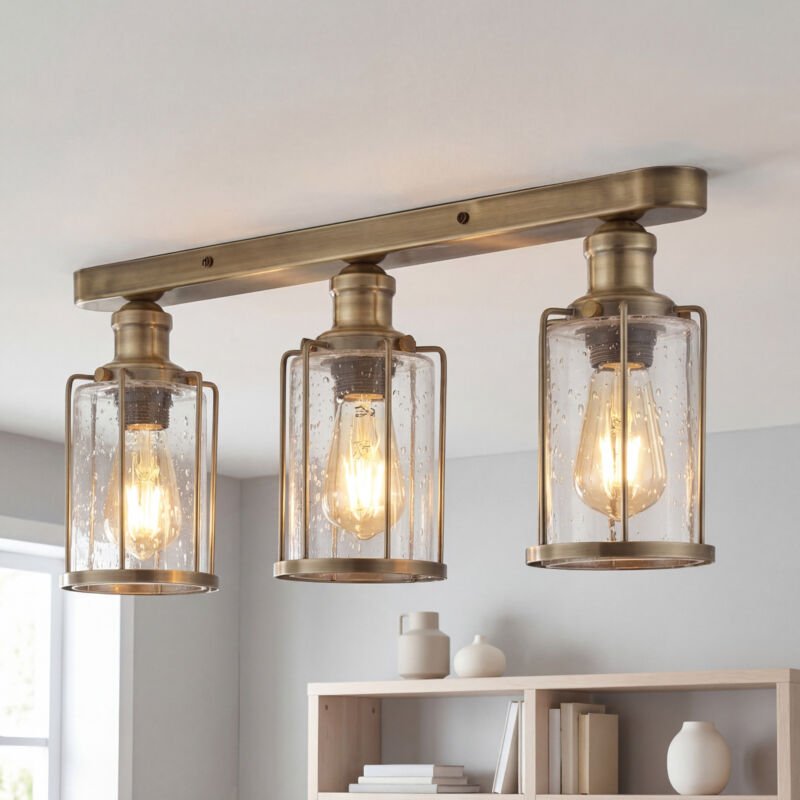 Vintage Deckenlampe 57.5 cm breit Metall Glas in Messing Antik E27 3-flammig Industrial Deckenleuchte